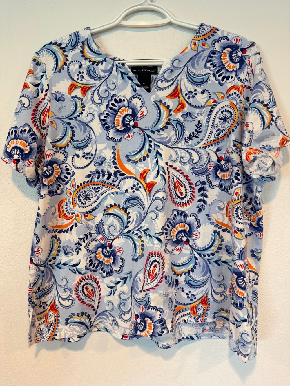 Alfred Dunner Light Blue Paisley V-Neck Short Sleeve Top